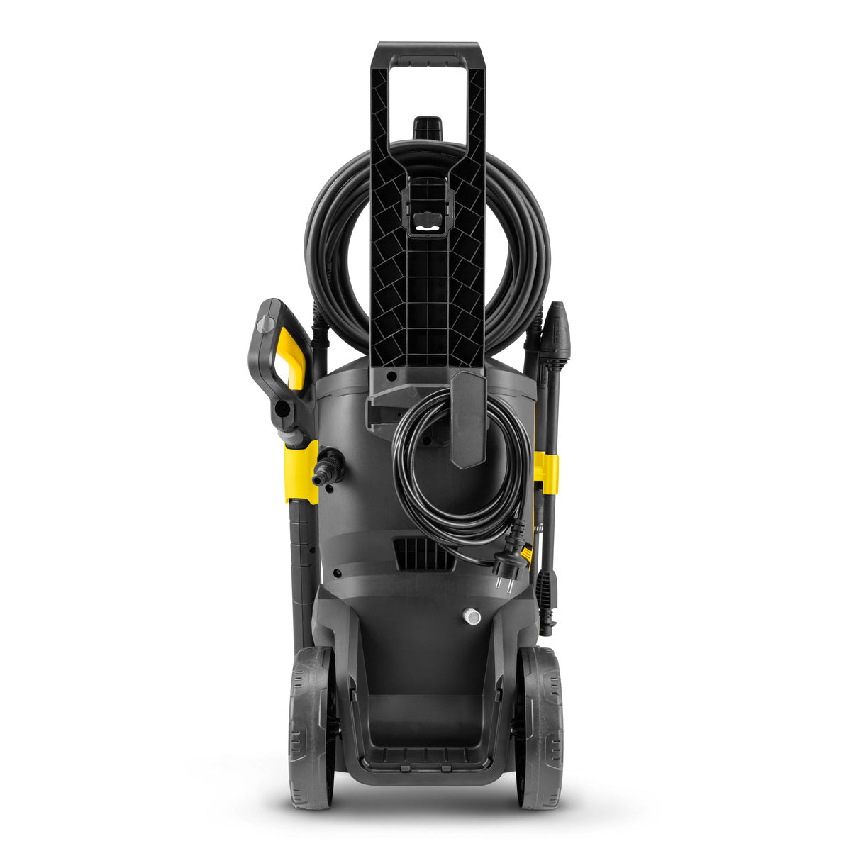 Vista trasera de la hidrolimpiadora Kärcher K 7 WCM FJ con accesorios recogidos en el equipo
