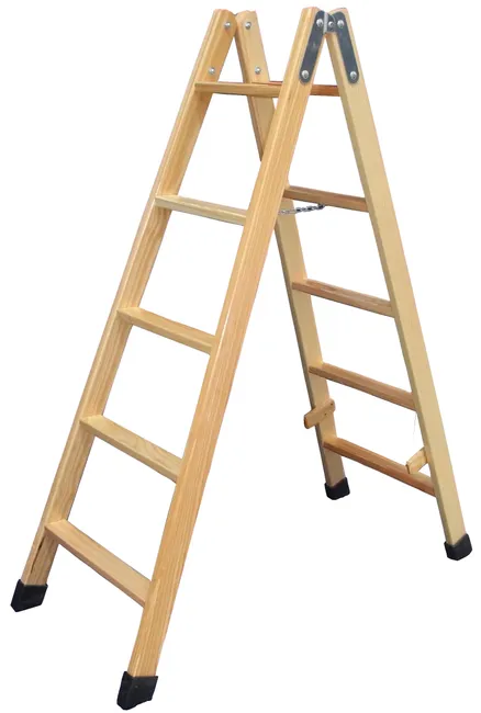 Escalera de tijera de madera de pino barnizada de doble subida con 5 peldaños planos