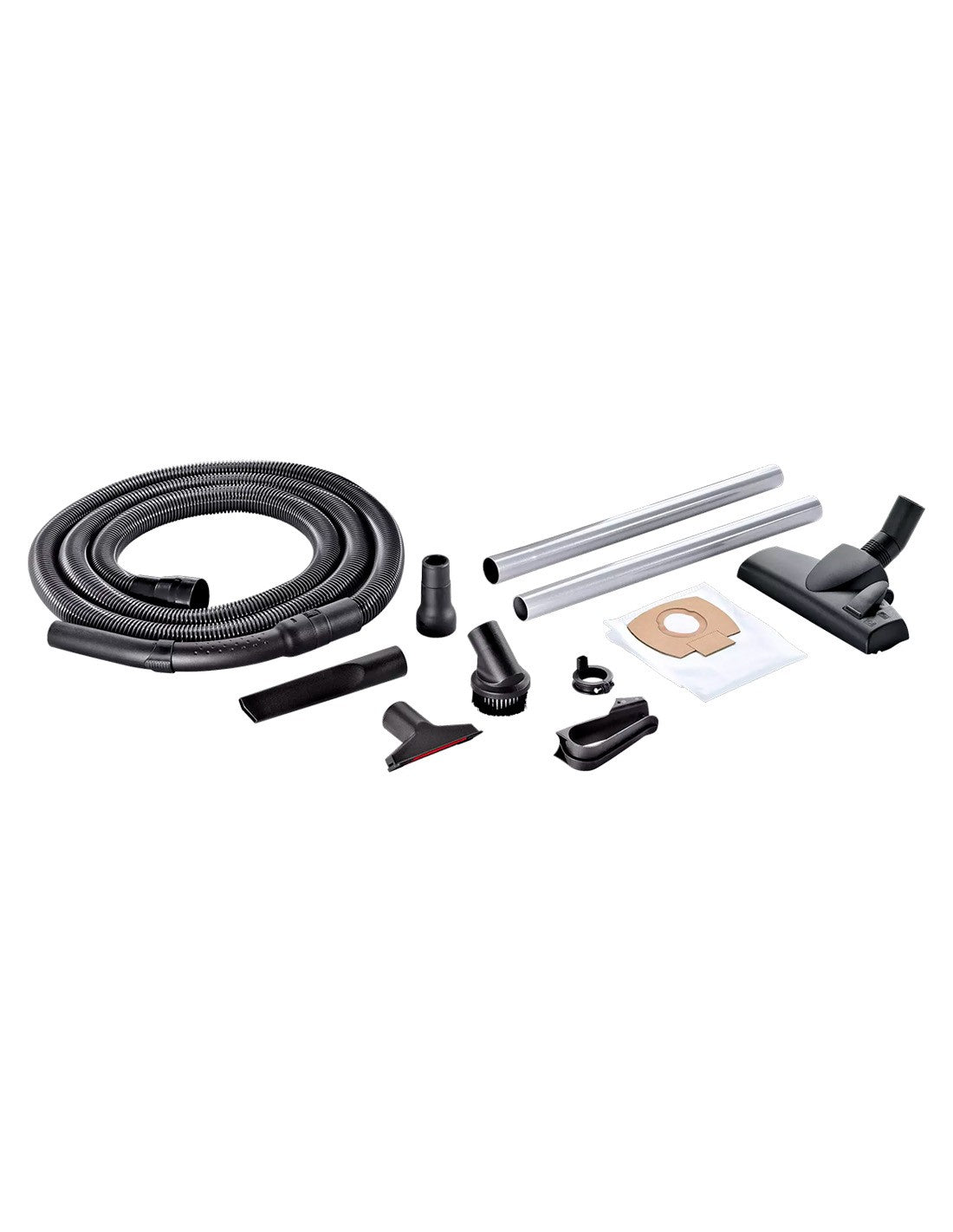 Accesorios incluidos con la aspiradora Flex VC 21 L MC: manguera, tubos, toberas, cepillo y bolsa de filtro