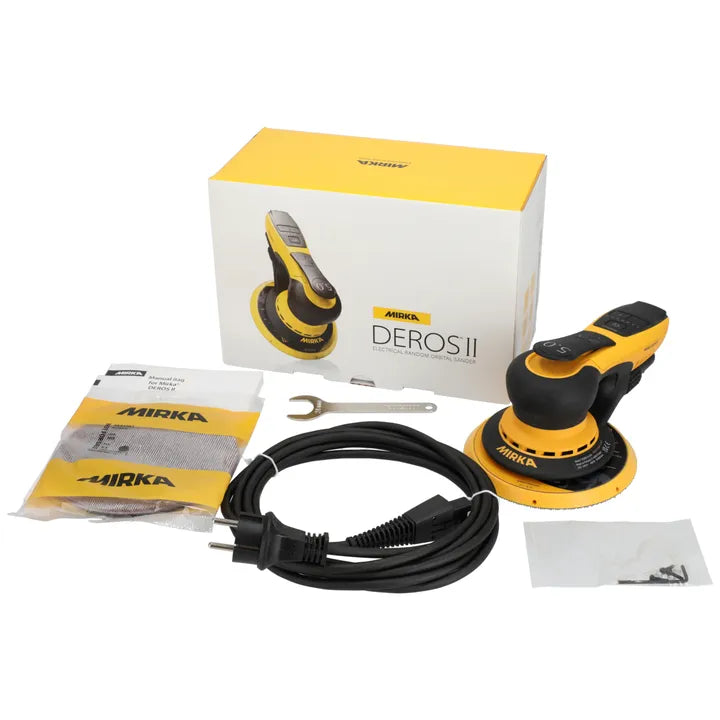 Contenido de la caja de la Mirka DEROS II 650: lijadora, manual, llave, cable y accesorios