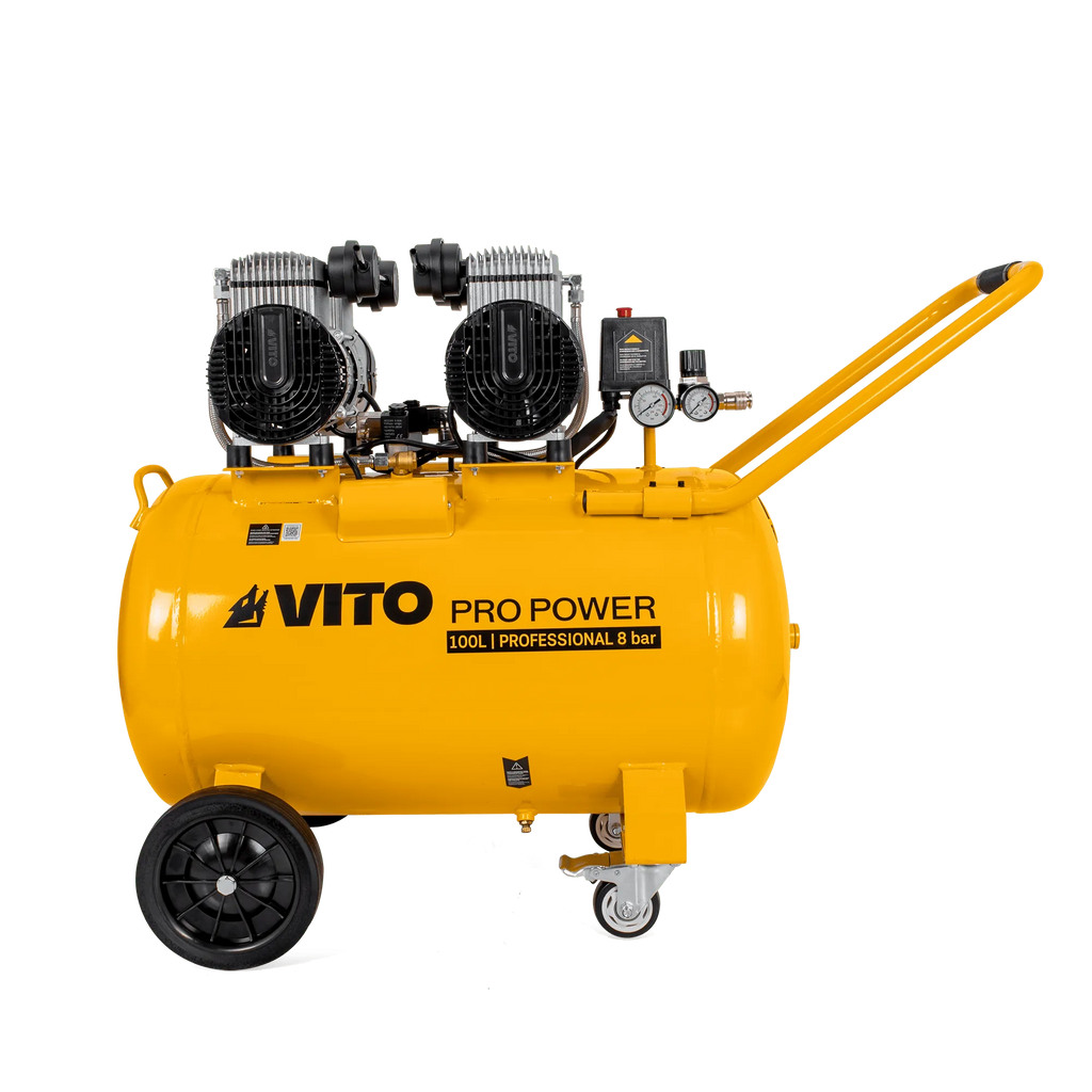 Compresor silencioso sin aceite Vito Pro Power de 100 litros y 4 CV con ruedas fijas y giratorias