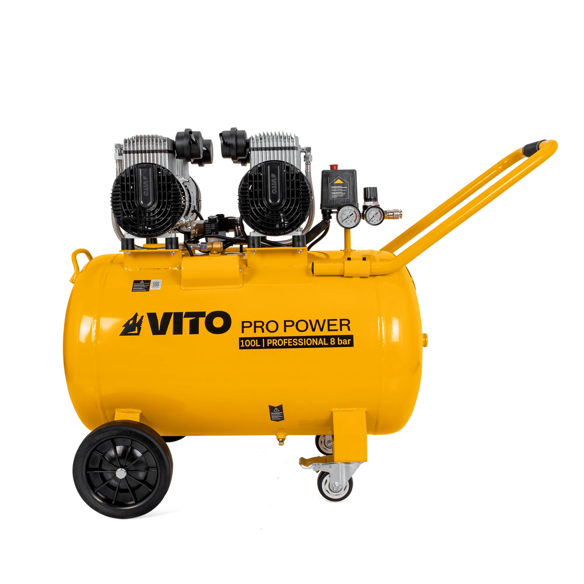 Compresor silencioso sin aceite Vito Pro Power de 100 litros y 4 CV con ruedas fijas y giratorias