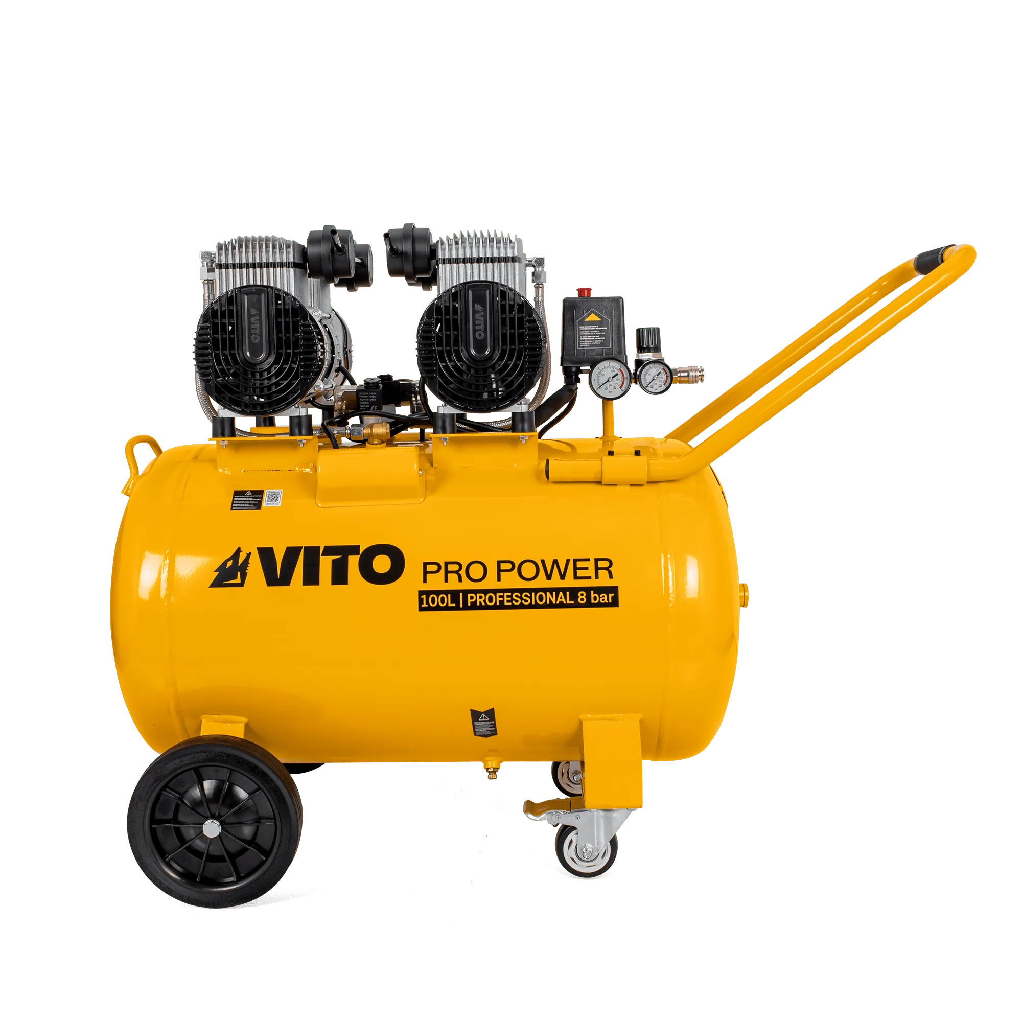 Compresor silencioso sin aceite Vito Pro Power de 100 litros y 4 CV con ruedas fijas y giratorias