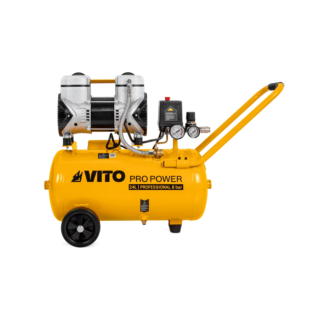 Compresor silencioso sin aceite Vito Pro Power de 24 litros y 2 CV con ruedas y asa de transporte
