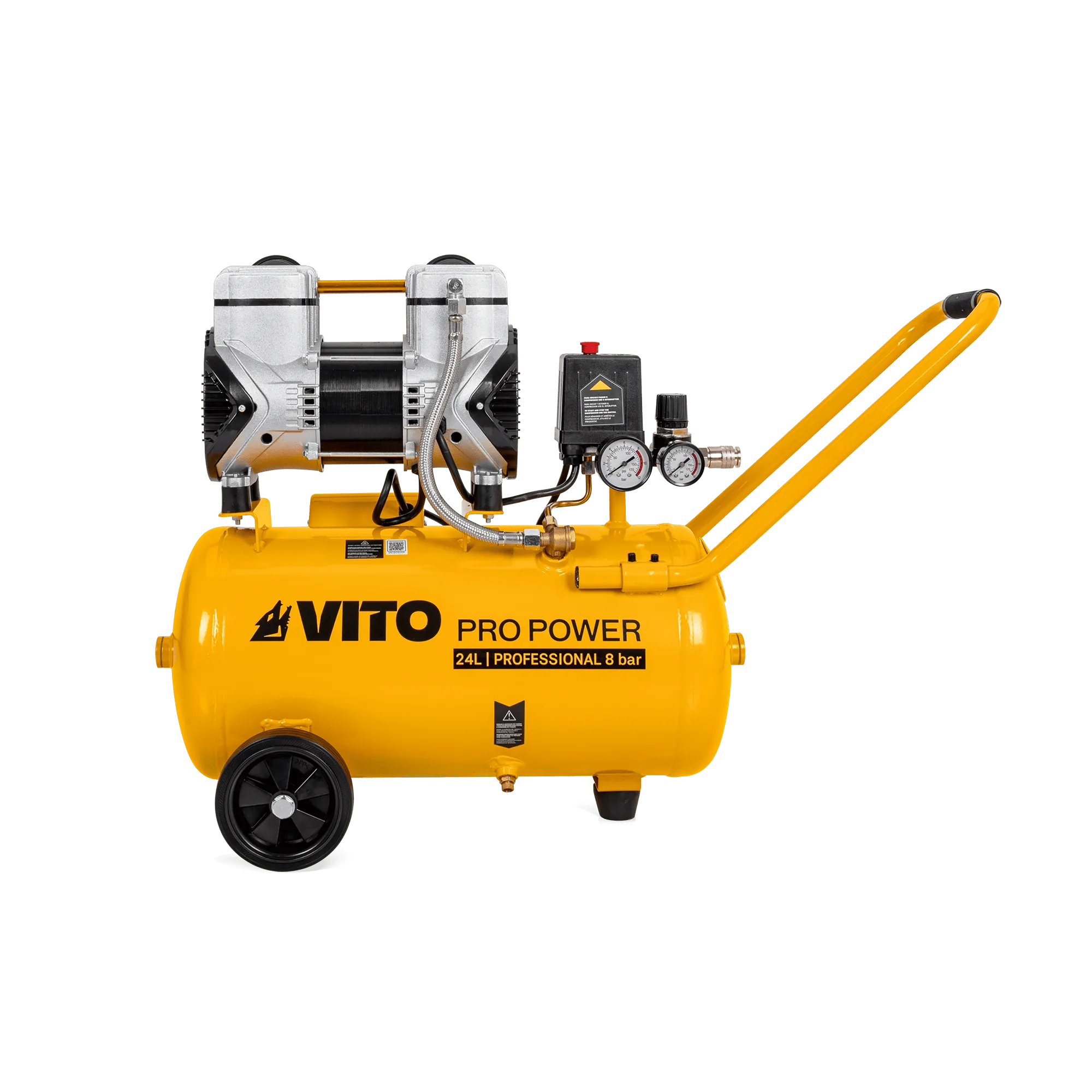 Compresor silencioso sin aceite Vito Pro Power de 24 litros y 2 CV con ruedas y asa de transporte