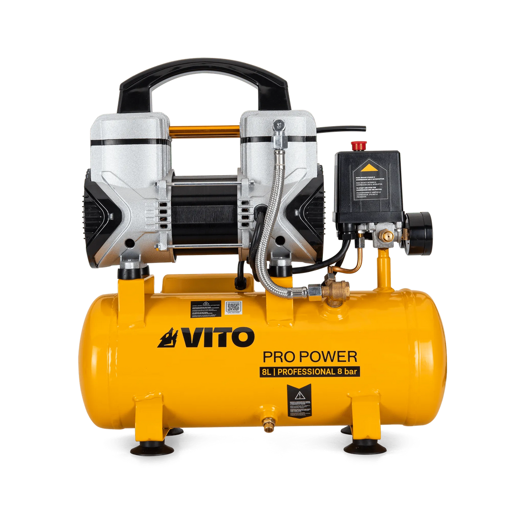 Compresor silencioso Vito Pro Power de 8 litros y 1,5 CV, vista frontal