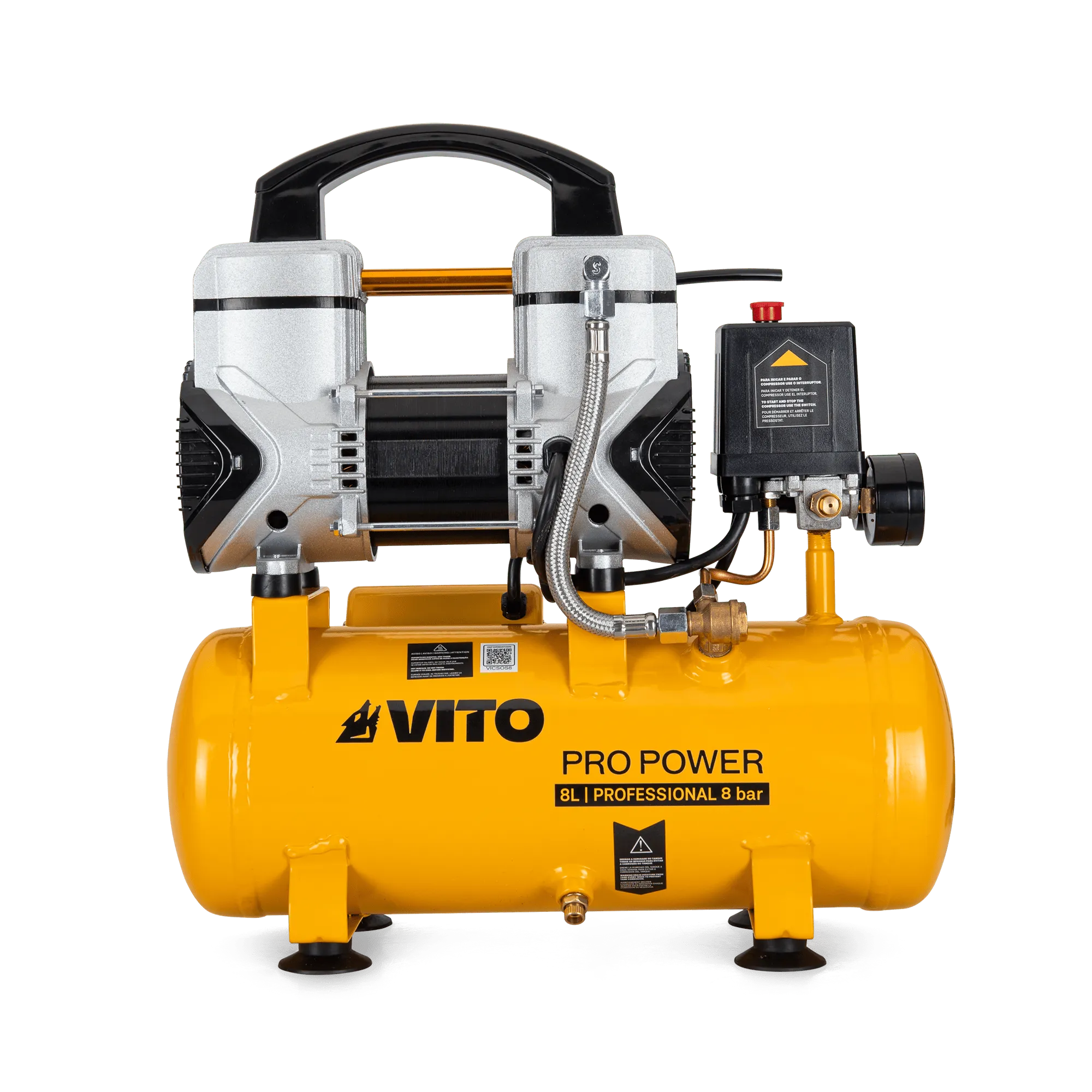 Compresor silencioso Vito Pro Power de 8 litros y 1,5 CV, vista frontal