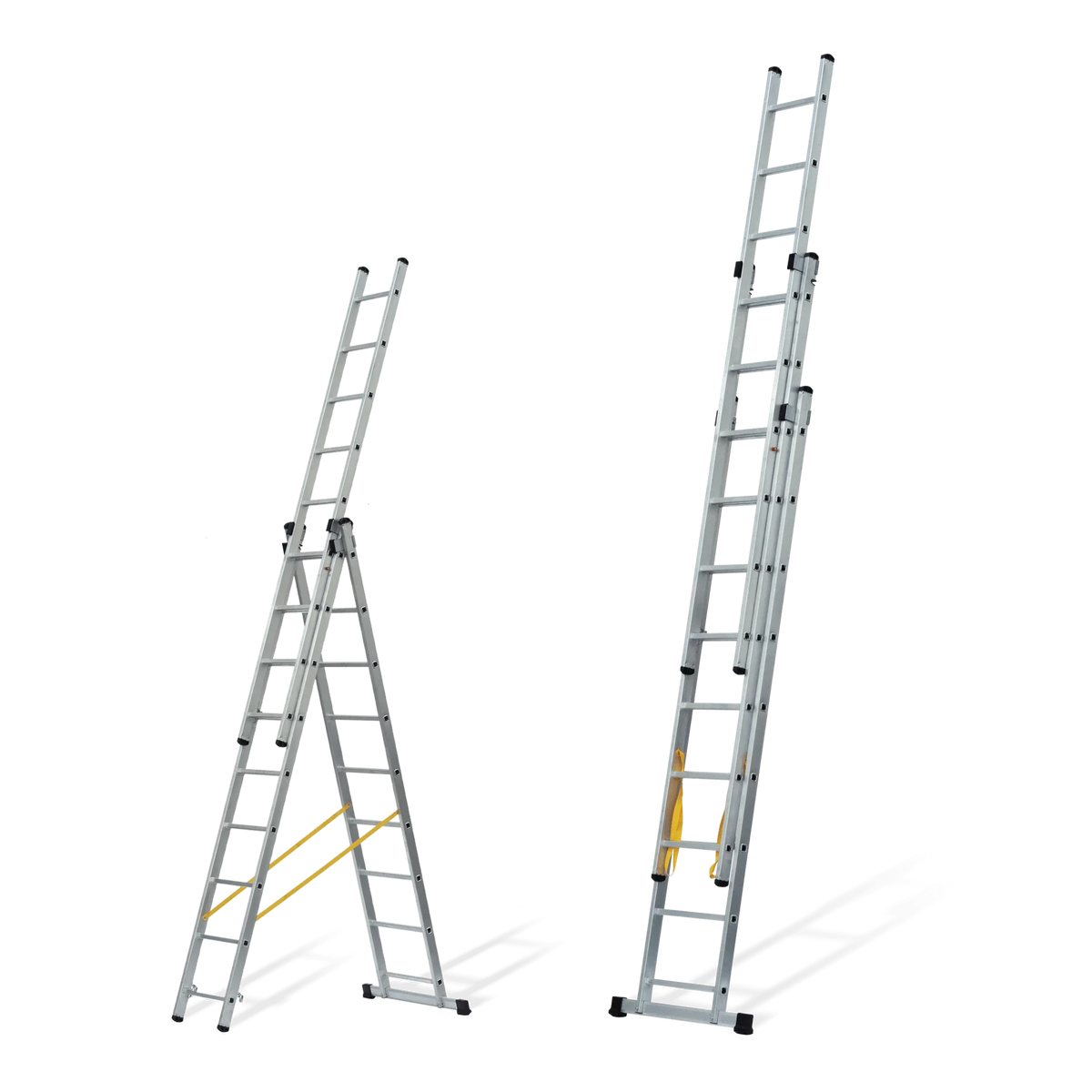 Escalera triple extensible Vito de aluminio 3x3 m con peldaños cuadrados, en posición de tijera y extendida