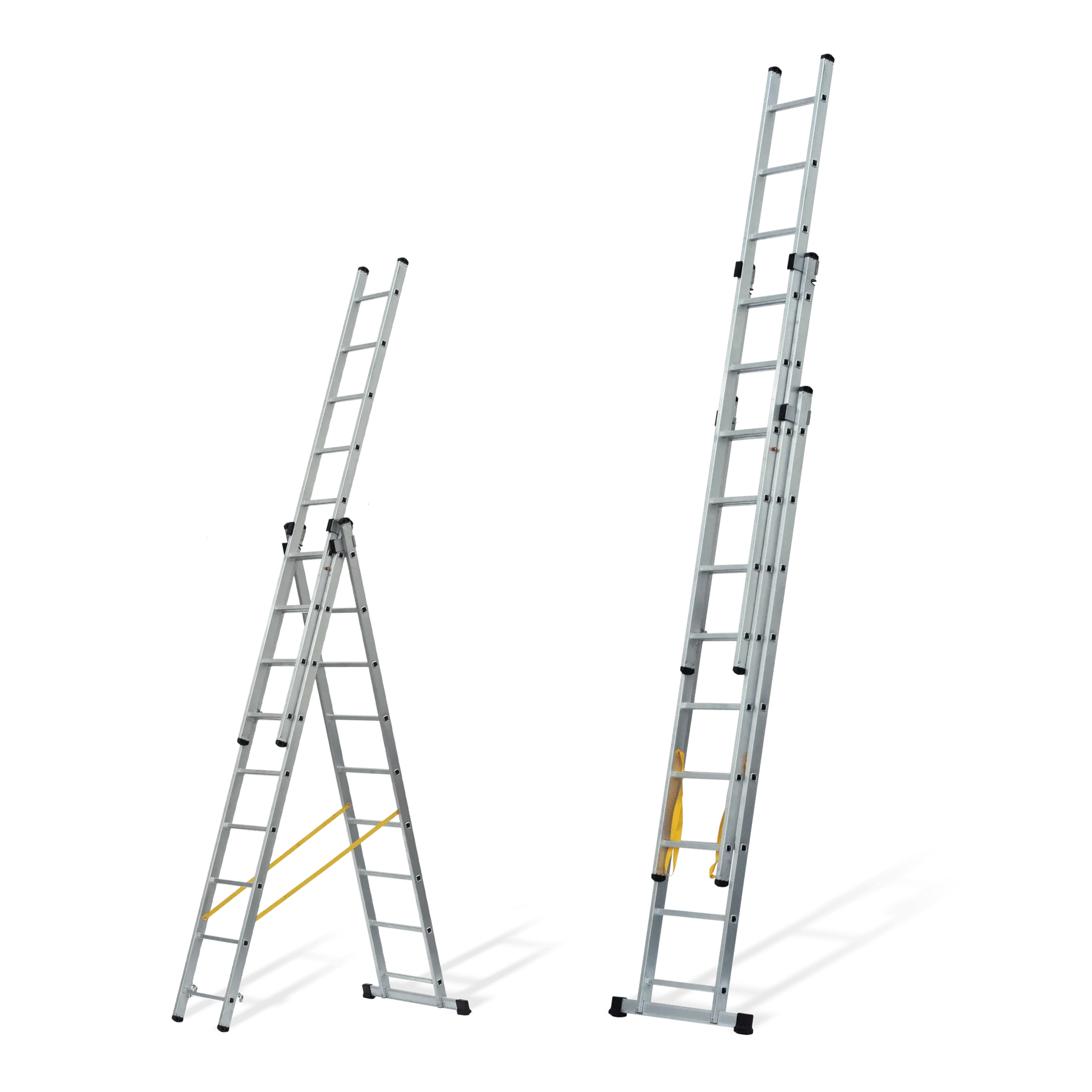 Escalera triple extensible Vito de aluminio 3x3 m con peldaños cuadrados, en posición de tijera y extendida
